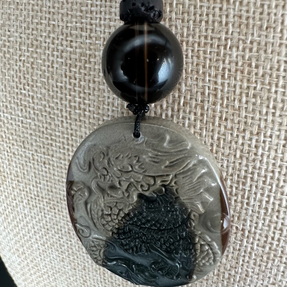 Black and Grey Polychrome Jasper Dragon Pendant Necklace on Beaded Cord - Picture 7 of 10
